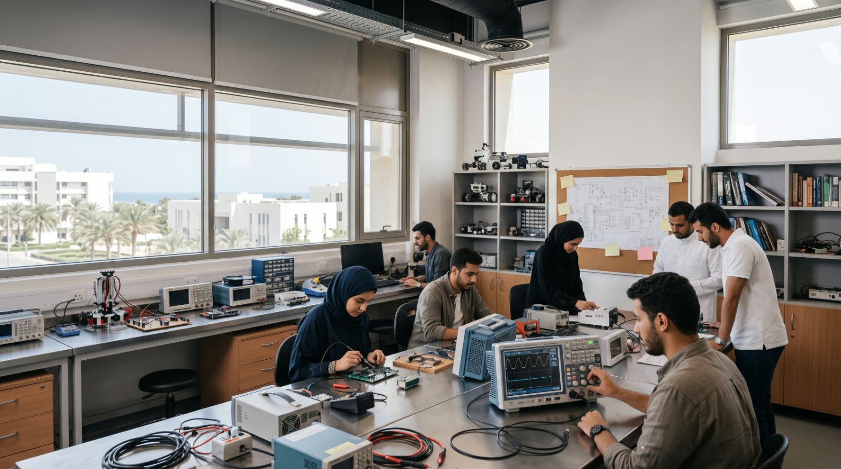 طالبات وطلاب هندسة يعملون في معمل إلكترونيات مطّل على حرم جامعة الملك عبدالعزيز في جدة