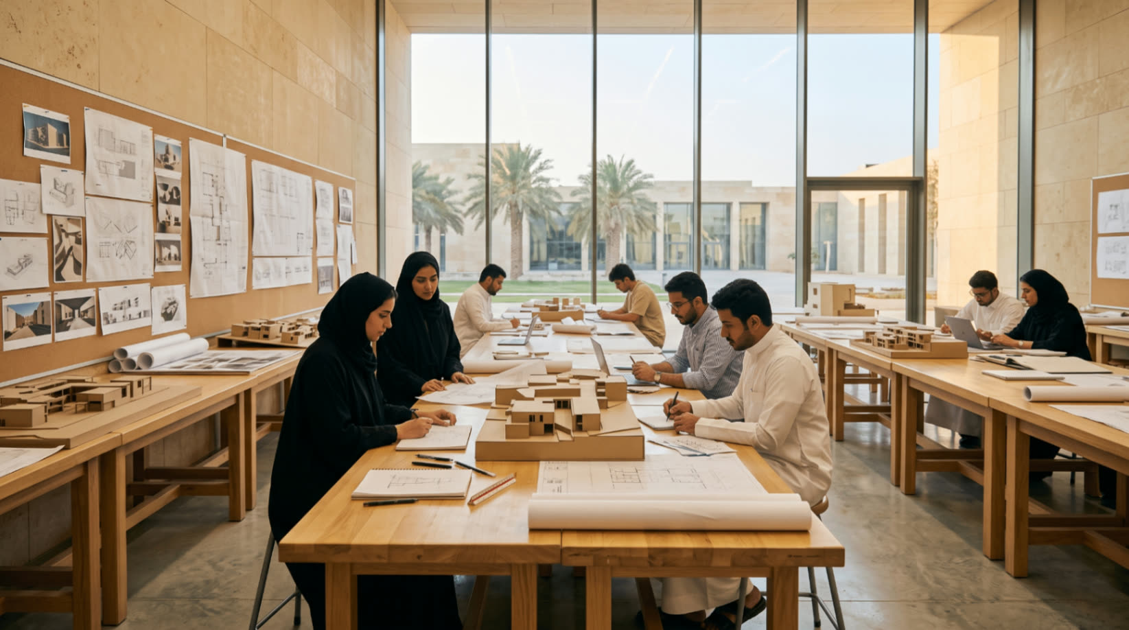 طلاب ومعلمات يعملون على مجسّمات معمارية ومخططات داخل استوديو تصميم بجامعة الملك سعود