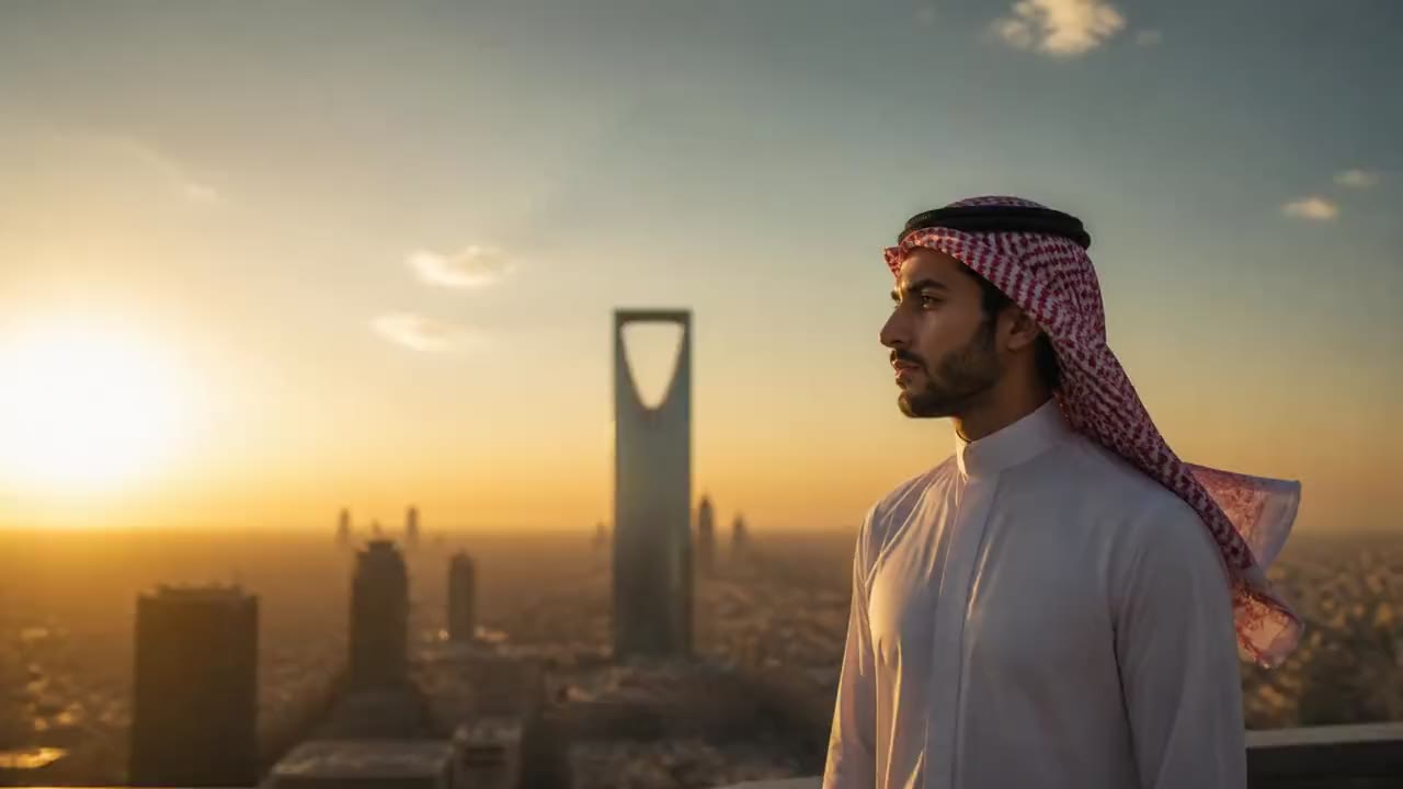 طالب سعودي بالثوب والشماغ يطلّ على أفق الرياض وبرج المملكة عند الغروب